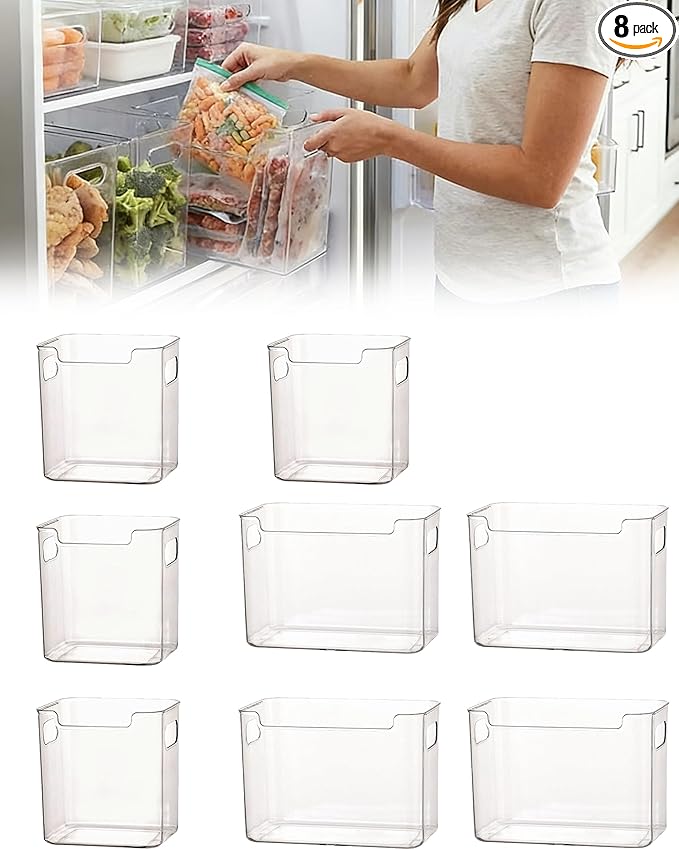 Crystal Clear Freezer Storage Bins - 8 Pack Clear Plastic Bins for Refrigerator and Pantry, Stackable Kitchen Cabinet Organizer with Handles for Frozen Food, Meat & Veggies (4L+4S)