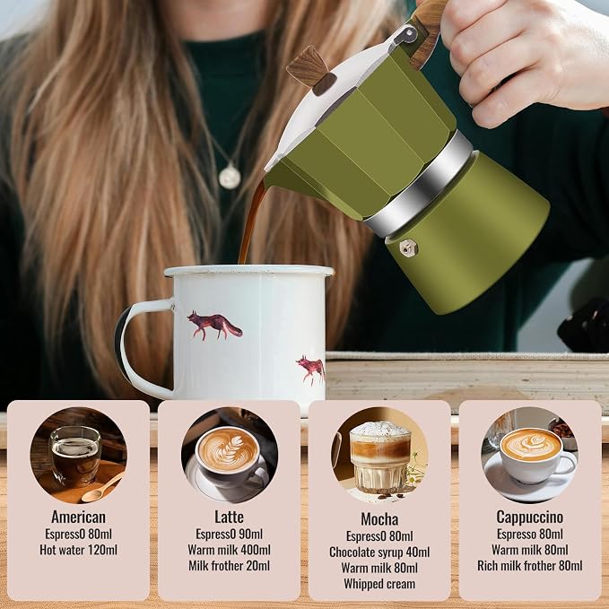 6 Cup Aluminum Moka Pot Classic Stovetop Espresso Coffee Maker 300ml 10oz Coffeemaker Percolator Mocha Pot Greca Coffee Maker Cafe Makers for Italian and Cuban Café Brewing Green