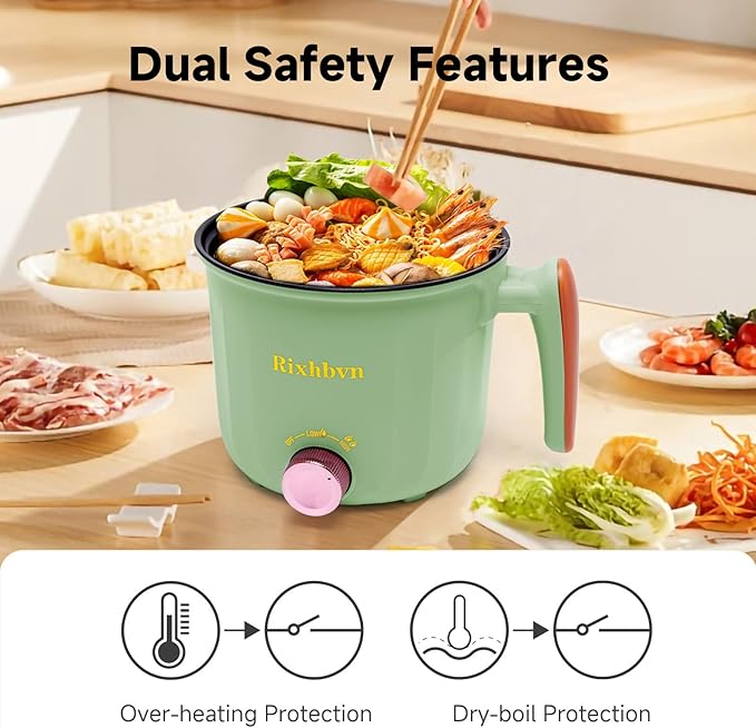 Hot Pot Electric with Steamer, Rapid Noodles Cooker,Non-Stick Electric Pot for Raman, Soup, Noodles, Steak, Oatmeal, Rapid, with Temperature control, (Rotary switch), 1.8L,Green