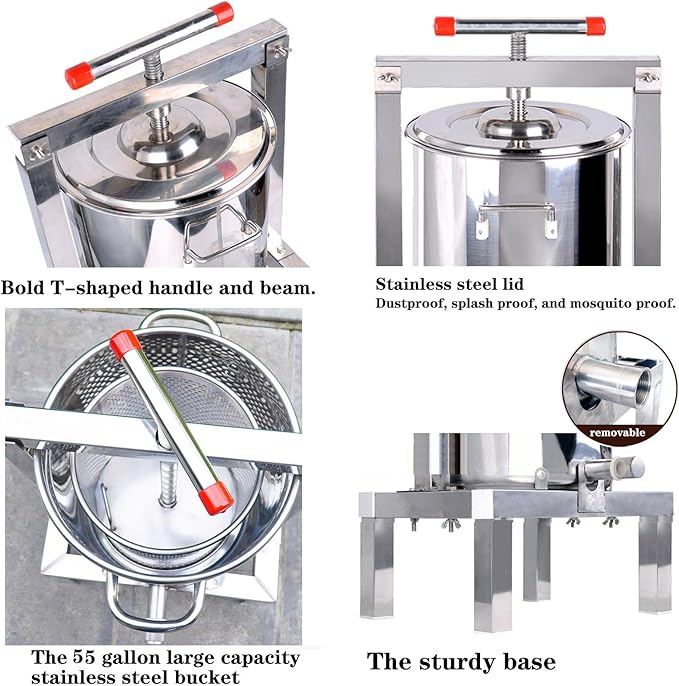 Honey Press Extractor Wax Machine Stainless Steel Honey Press Beeswax Machine Manual Large Bee Honey Presser Fruit Wine Press For Honey Wine Juice Vegetables Olive Oil Making
