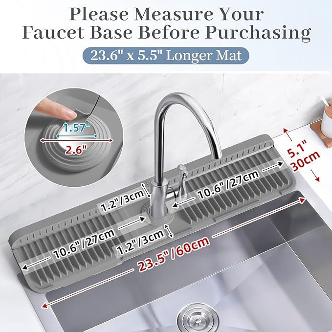 PoYang 24 inch Faucet Mat for Kitchen Sink Splash Guard, 7° Slope Silicone Sink Water Splash Guard for Kitchen Sink Area with Snap Button, Longer Sink Protectors for kitchen Sink Sponge Holder, Grey
