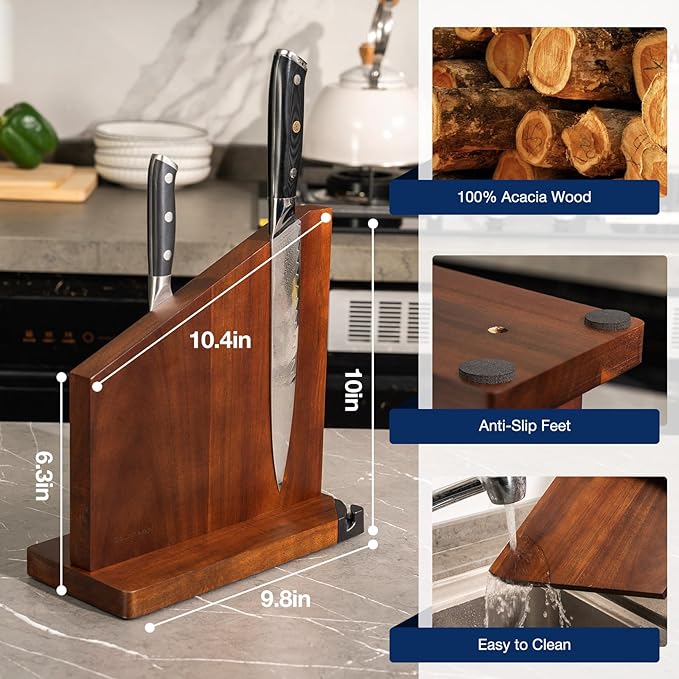 Gourmetop Magnetic Knife Holder with Built-in Sharpener, 100% Acacia Wood Magnetic Knife Block without Knives, Strong Double-Sided Magnetic Knife Holder for Kitchen Countertop Organization, Dark Wood
