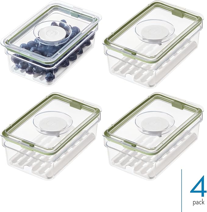 iDesign Medium Fridge Produce Bin with Removable Drainage Tray and Lid - Set of 4 - Clear