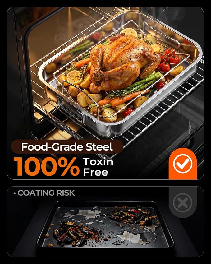 Stainless Steel Roasting Pan with Rack, Heavy-Duty Turkey Roasting Pan for Oven, Includes Two Bakinng Rack Insert, Perfect for Holiday Turkey & Everyday Meal Prep, Fits Up to 12 lbs Turkey