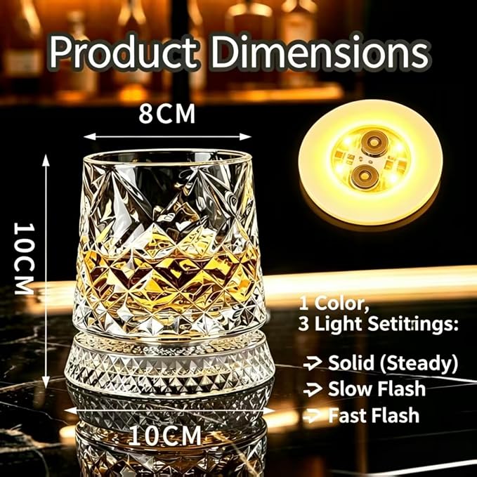 Rotating Whiskey Glasses 2-Pack – 10oz Glowing Spinning Whiskey Glasses, 360° Tumbler for Stress Relief, Heavy Anti-Slip Base, for Bourbon, Scotch, Cocktails, Unique Gifts for Men Dad Husband
