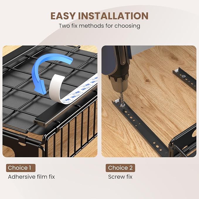 2 Pack Pull Out Cabinet Organizer, Heavy Duty Slide Out Drawer with No Drill Adhesive or Screw Mount, Carbon Steel Roll Out Shelf for Kitchen Cabinet, Pantry & Bathroom Storage