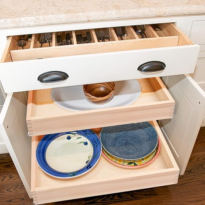 Mulush 16”W x 21”D x 3‘’H Soft Close Slide Out Wood Drawer Organizer for Kitchen, Finished, (Cabinet Opening>17.5 inches for Bottom Assembly, Opening= 17 inches for Side Assembly)
