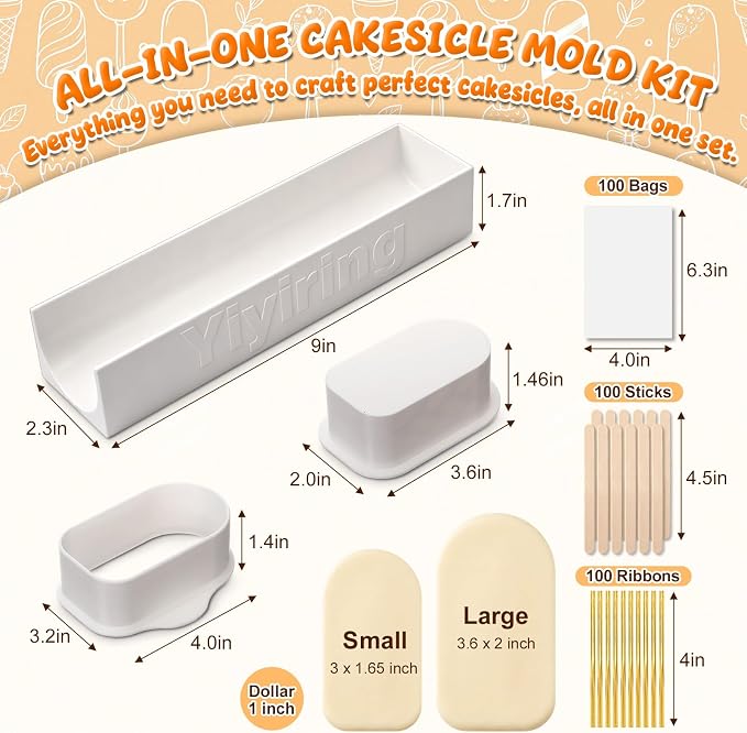 3in Cakesicle Cutter with 9in Tray, Cakesicle Mold Set with 100 Sticks, 100 Bags and 100 Ribbons, Baking Tools for Home Baking, Birthday Parties, Wedding Desserts(White,3.6in,Single Slot)