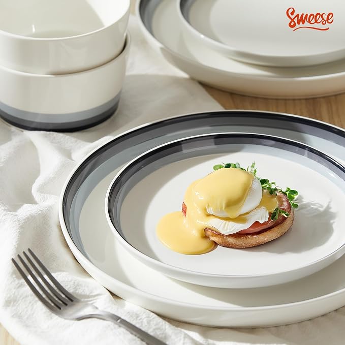 Sweese 12 Piece Dinnerware Sets for 4 - Porcelain Plates and Bowls Set - Scratch Resistant, Dishwasher and Oven Safe Round Dinner Sets - Dish Sets -White and Blue Gradient