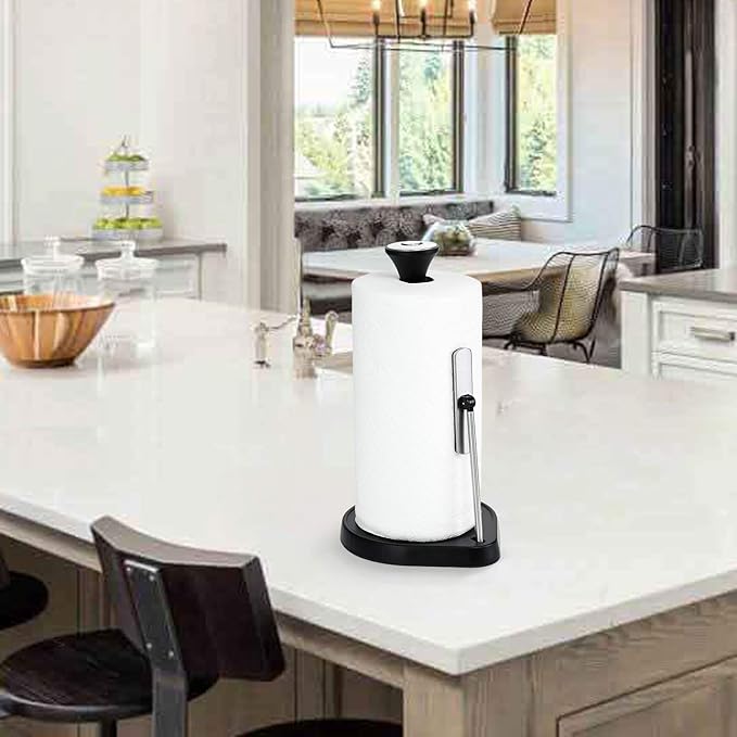 Single Tear Paper Towel Holder Countertop, Standing Paper Towel Holder Stainless Steel with Tension Arm, Easy to Tear Paper Roll Dispenser Stand for Kitchen Countertop & Bathroom