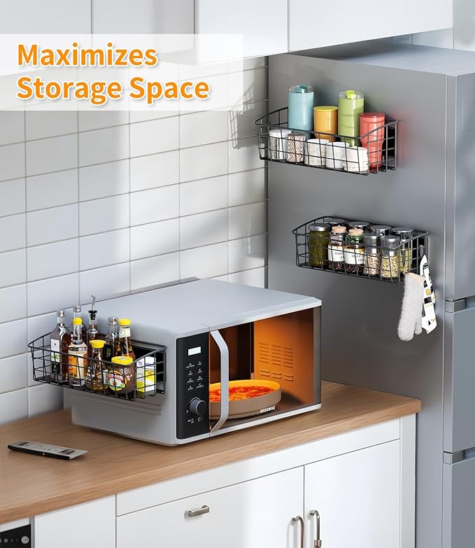 2Pcs Magnetic Shelf for Refrigerator, Versatile Magnetic Basket Fridge with 2 Hooks for Kitchen Storage, Fruit Potato Onion Storage Shelves, Large Magnetic Spice Rack Organizer for Fridge Oven Laundry