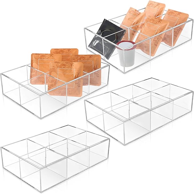 Maitys 4 Pcs Acrylic Tea Bag Organizer Divided Storage with 6 Compartments Clear Acrylic Stash Box Condiment Holder Pantry Organizer for Snacks Coffee Sugar Tea Bar Accessories