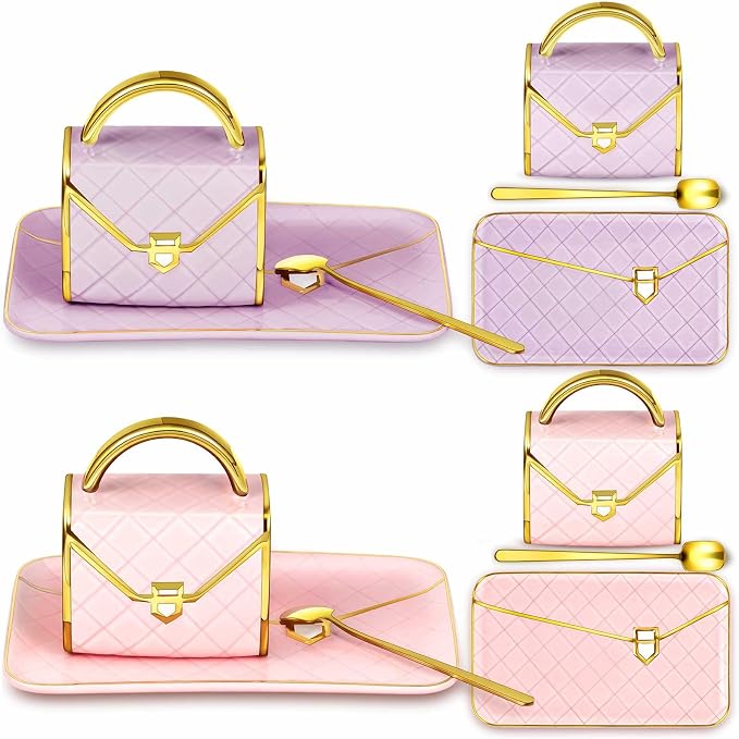 Zubebe 2 Set Coffee Mug Elegant Handbag Shaped Cup Modern Ceramic Purse Mug with Spoon and Saucer, 10oz Cute Creative Tea Cup for Woman Girls Gift (Pink,Purple)
