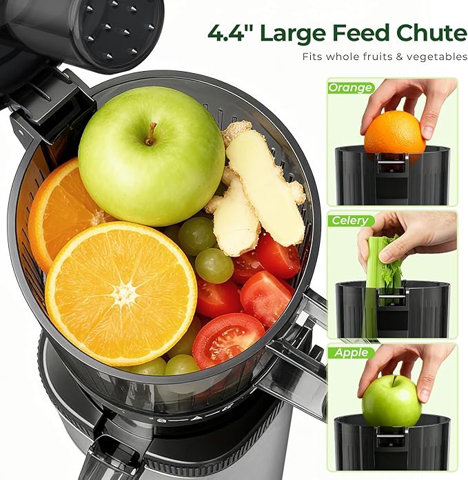 Cold Press Slow Juicer Machine, Compact Slow Masticating Juicer for Vegetables & Fruits, 4.4" Wide Feed Chute, Easy to Clean Stainless Steel Juice Press, Dishwasher Safe, High Juice Yield