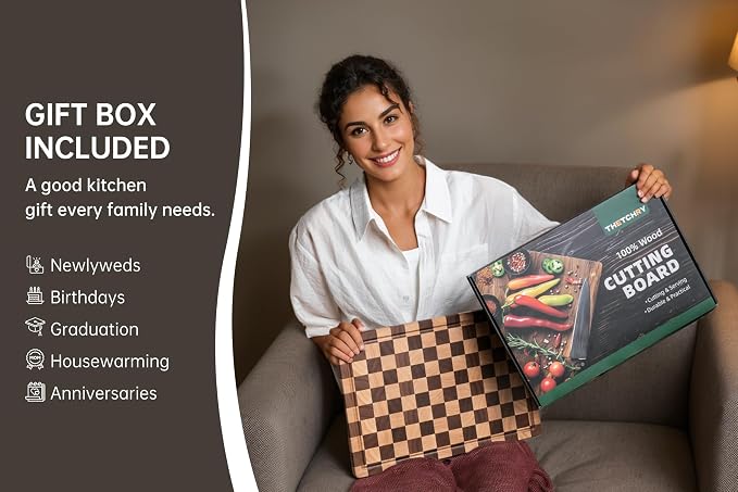 THETCHRY Cutting Boards for Kitchen, Checkered Wood Cutting Board, Walnut Chopping Board with Juice Grooves & Handles, Butcher Block Serving Tray with Gift Box 16" x 11" x 0.8"