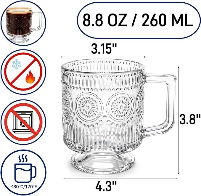 Pumtus 6 Pack Glass Coffee Mugs, 8 OZ Footed Irish Tea Cup with Handle, Embossed Floral Latte Cappuccino Mug, Clear Romantic Glassware for Chocolate, Espresso, Smoothie, Cocktail, Cold Drinks