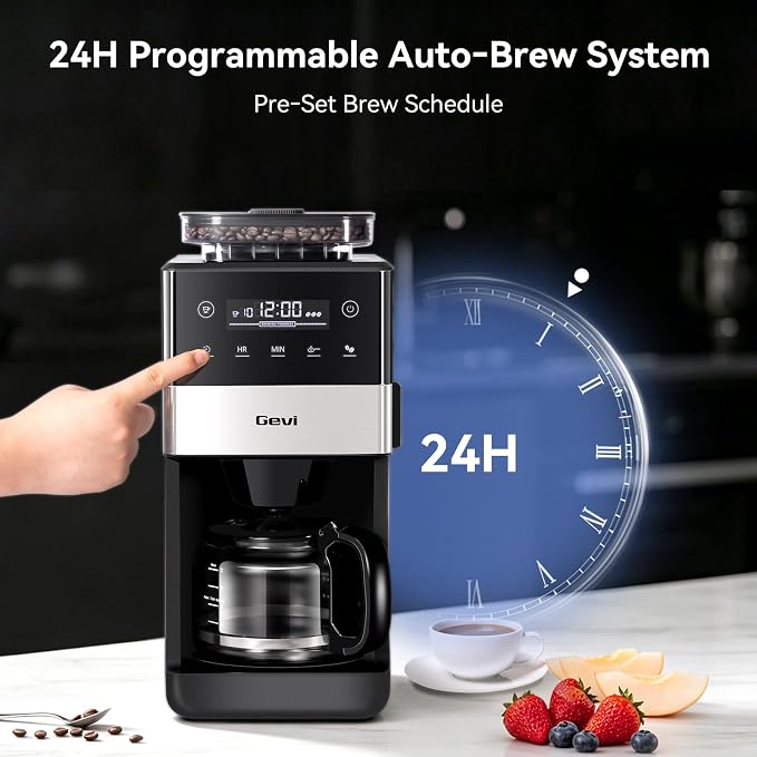 Gevi 10 Cup Drip Coffee Maker with Built‑in Grinder, Grind & Brew Machine, Large Touch Screen, Programmable Scheduled Brewing, 90‑Min Keep‑Warm Plate, Permanent Filter, 1.5L Tank