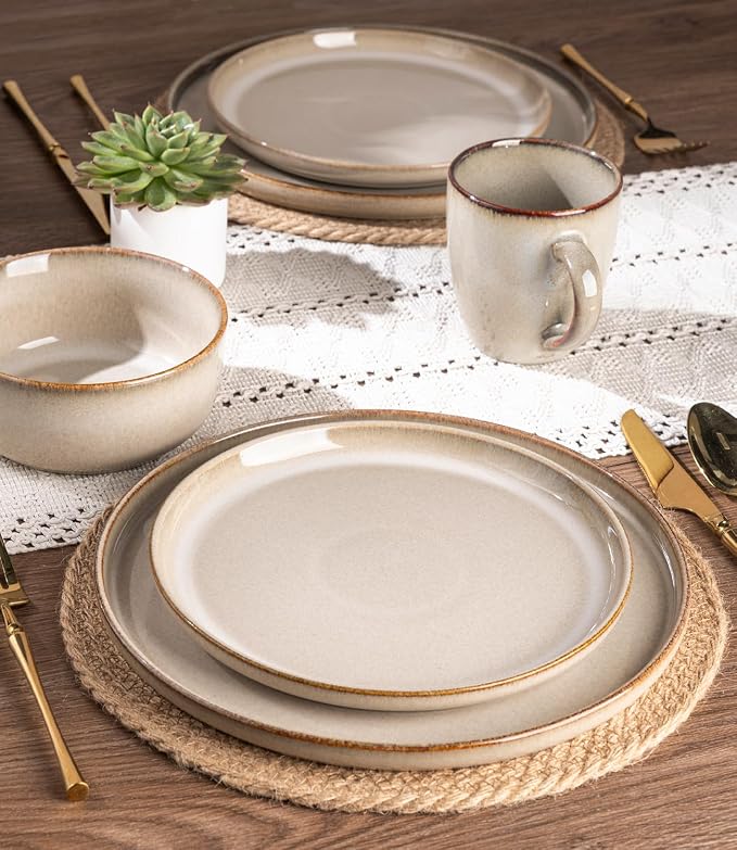 GBHOME Dinnerware Sets for 4, 12 Pieces Stoneware Plates and Bowls Sets, Scratch Resistant Ceramic Dishes, Dishwasher & Microwave Safe, Reactive Glaze-Almond Cream
