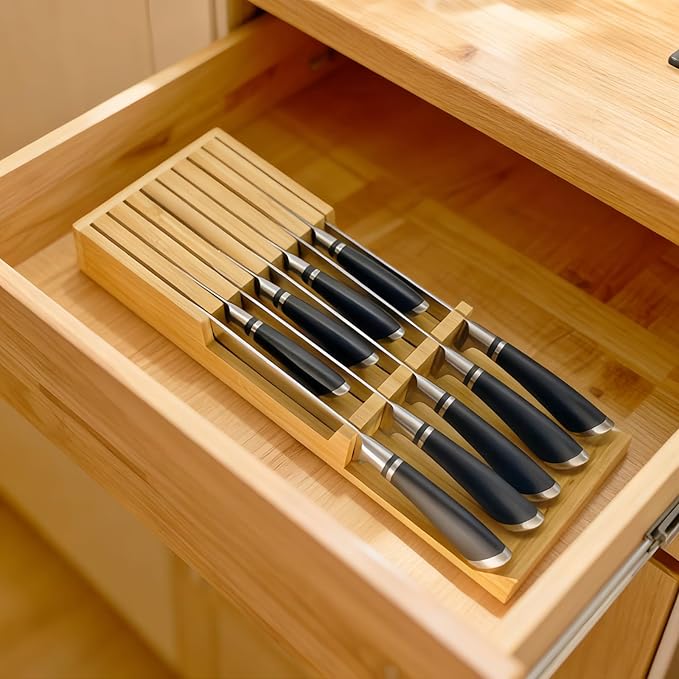 Bamboo Knife Drawer Storage Organizer Insert | 9-Slot Kitchen Knife Block with Anti-Slip Design| Space-Saving Kitchen Storage (16.55"x6.05"x2.05")