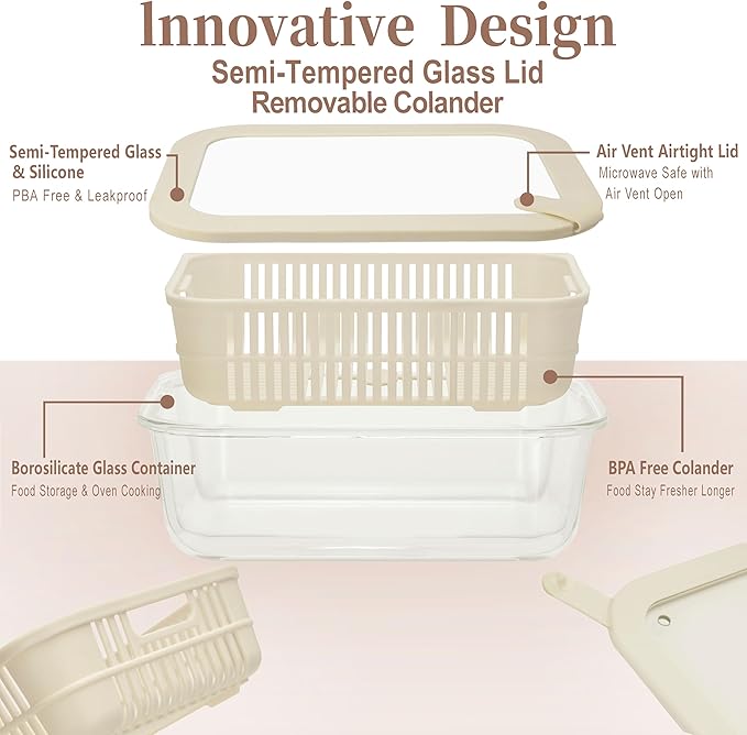 Urban Green Glass Food Storage Containers with Glass Lids, Microwave Safe Food Container Set, Aitight Meal Prep Container Set, BPA Free, 3 extra Colanders, LeakProof, 3 Pack of 35oz