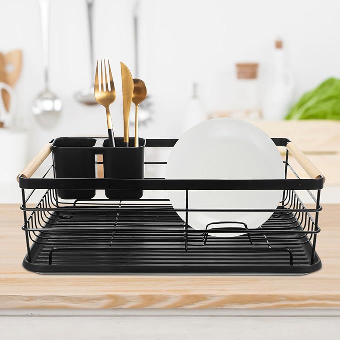 BESPORTBLE Black Iron Multifunctional Kitchen Dish Drying Rack with Large Capacity and Drain Tray, Over Sink Countertop Dish Drainer Organizer for Bowls and Utensils