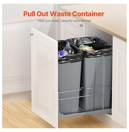 Double Pull Out Trash Can, 50QTx2 Kitchen Waste Container with Soft Close - Grey - Under Cabinet Sliding Bin for Kitchen, Home, Office