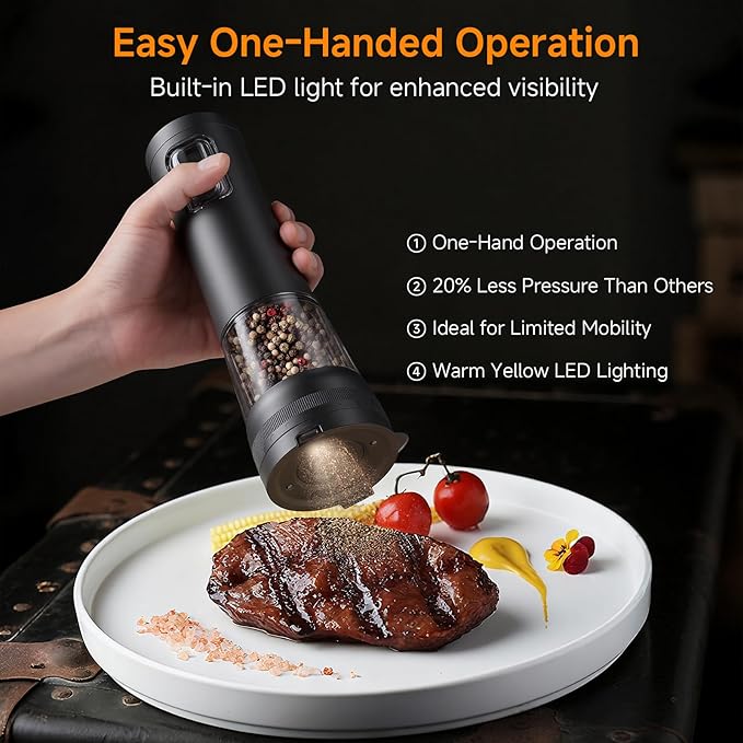 Electric Salt and Pepper Grinder Set,2 Pack Rechargeable Automatic Pepper Mill,with Charging Base,5 Level,Display,LED Lighting,Large Capacity,Kitchen Gift (2, Black, Charging Base)