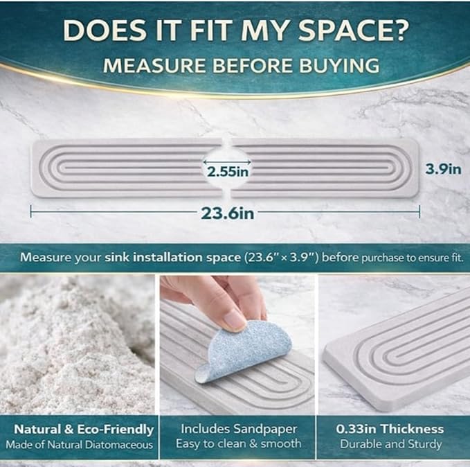 Faucet Mat for Kitchen Sink – Diatomite Stone Drip Catcher, Fast Drying & Water Absorbing Splash Guard, Countertop Protector Behind Faucet, Non-Slip Sink Tray, Light Grey 23.6" x 3.9"
