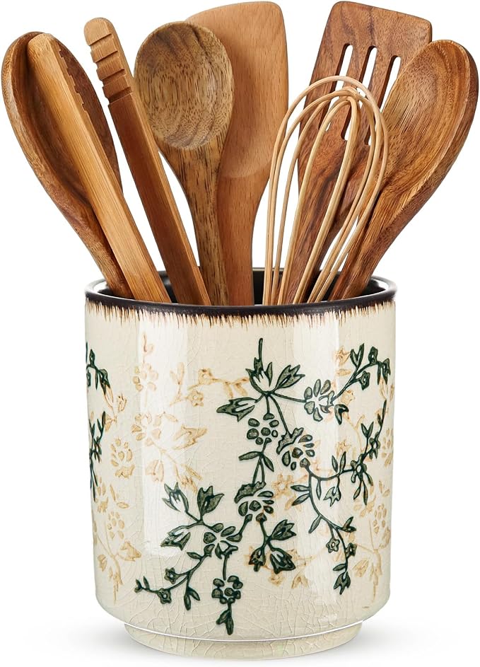 Kitchen Ceramic Utensil Holder Rustic 5.5" Brown Green Floral Utensil Crock for Countertop Tuscany Cooking Tools Storage Caddy for Spatula Spoon Farmhouse Decor Housewarming Gift