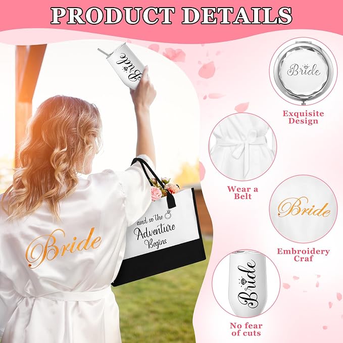 JaGely 9 Pcs Bride to Be Gifts Set Bridal Shower Bachelorette Wedding Gifts with Robe Slippers Tumbler Tote Bag & Bridal Kit