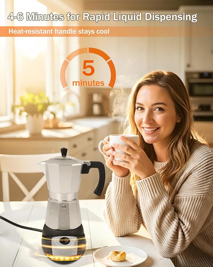 Electric Moka Pot with Detachable Base Aluminum Electric Espresso Maker 10oz 6 Cup 300ml Silver Espresso Coffee Maker Italian Coffee Stovetop Espresso Maker Kitchen Home 110V