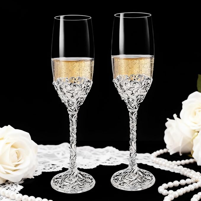 Champagne Flutes -His and Hers,Wedding Toasting Glasses for Engagement Celebrations, Bridal Shower and Registry Idea, Tall Wine Glasses for Bride and Groom Gifts,7oz (Silver new)