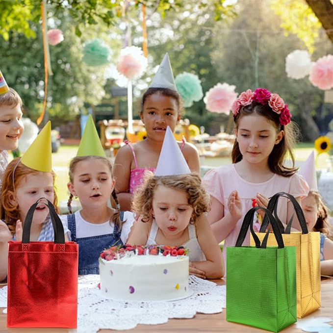 Eccliy Reusable Gift Bags Set Glossy Grocery Gift Tote Bag with Handle for Wedding, Bridal Shower, 4th of July, Summer Event(10 x 8 x 4.7 Inch,Red, Gold, Green with Black Handles,80 Pcs)