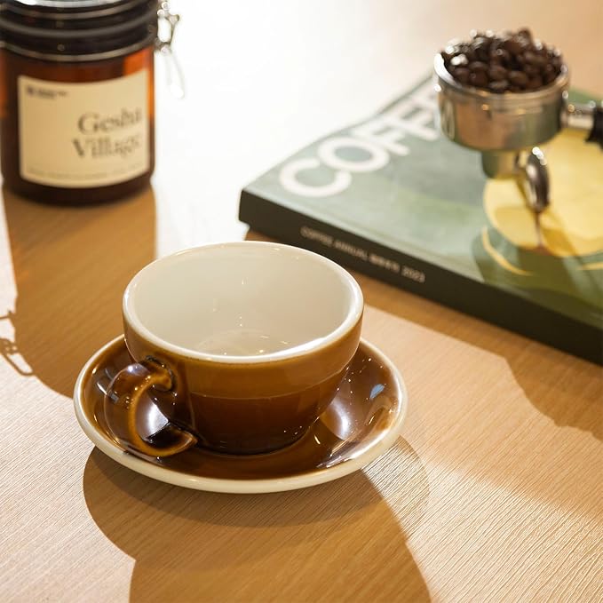 Loveramics Coffee Cup Ceramic, 10 oz Latte Art Cup with Saucer for Cappuccino, Tea, Espresso, Thick - walled stoneware Cappuccino mug Set for Cafe and Barista - Potters Colours (Caramel, 10OZ)