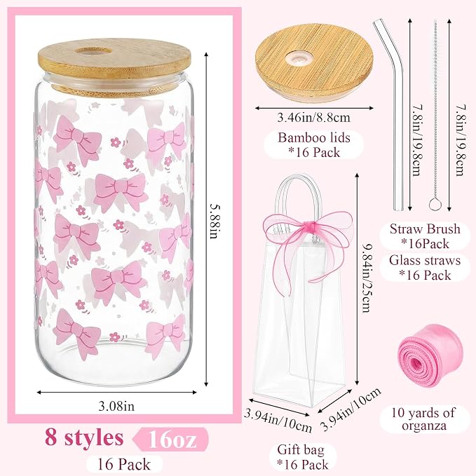 Mumufy 16 Sets Coquette Bow Glass Cups with Clear Gift Bag 16 oz Reusable Pink Iced Coffee Mugs Aesthetic Cute Tumbler with Lids and Straws, Gifts for Girls Women Bridesmaid