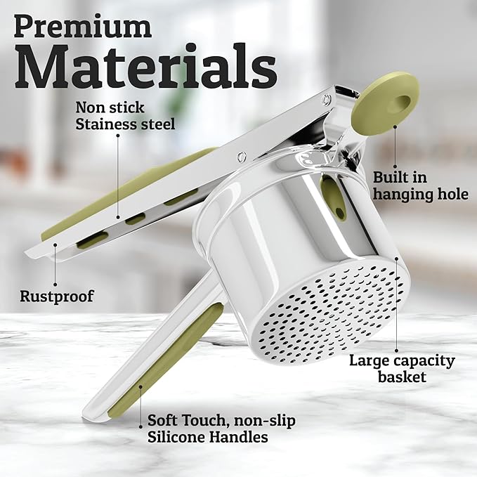 PriorityChef Large 15oz Potato Ricer With 3 Discs, Heavy Duty Stainless Steel Potato Ricer for Mashed Potatoes, Potato Masher, Press and Ricer Kitchen Tool, Olive Green