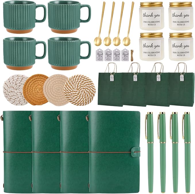 Baby Shower Prizes for Game Winners Baby Shower Games Prizes Ceramic Mugs with Metal Spoons Woven Coasters Notebooks Scented Candles Gift Bags Wedding Bridal Shower Favors for Guests (4, Green)