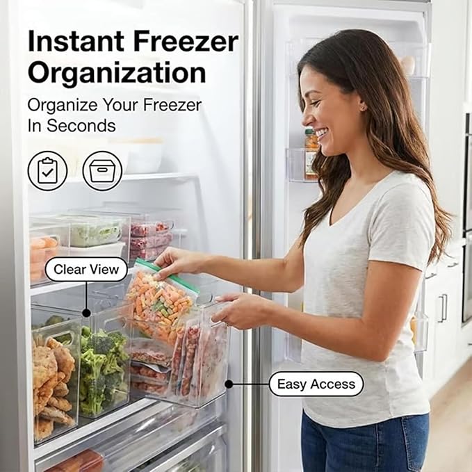Crystal Clear Freezer Storage Bins, Stackable Fridge Organizer Bins with Handles, Clear Plastic Food Containers for Refrigerator and Pantry, Kitchen Organization for Meat & Veggies (Clear*8, S+L)
