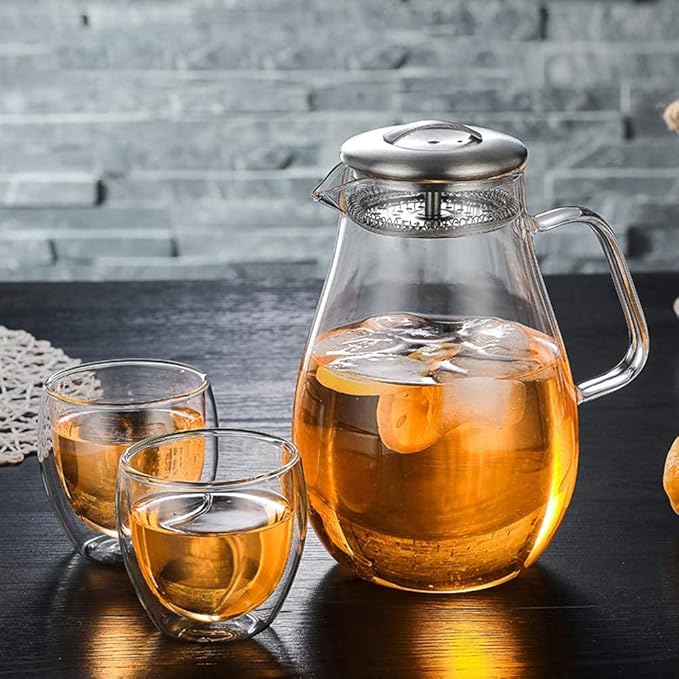 Water Jug 1.8L Glass Water Jug with Stainless Steel Lid for Hot/Cold Juice, Tea, Milk and Coffee, Glass Water Pot with Filter