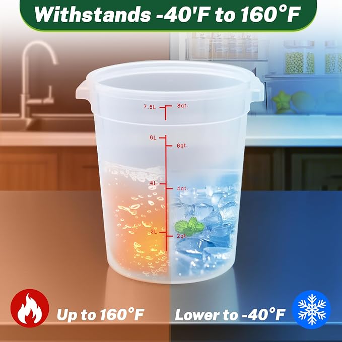 4 Pack 8Qt Round Polypropylene Food Storage Container with Lids Scale | Translucent containers with lids, easy-read scale, labels and measuring cups; stackable for prep, storage and freezer use.