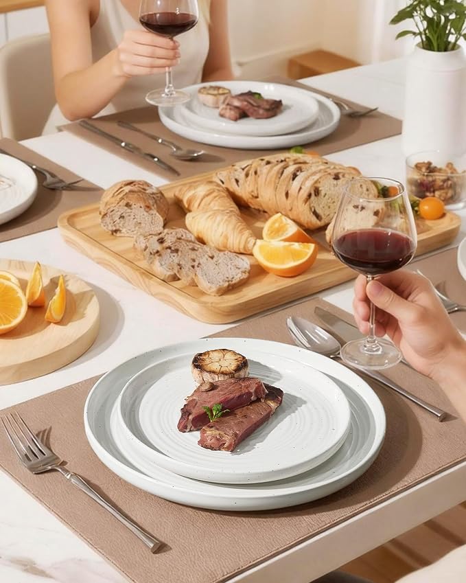 24-Piece Stoneware Dinnerware Sets for 6 with Pasta Bowls – Speckled Glaze with Spiral Design, Coupe Plates and Bowls - Chip & Scratch Resistant, Microwave & Dishwasher Safe, White