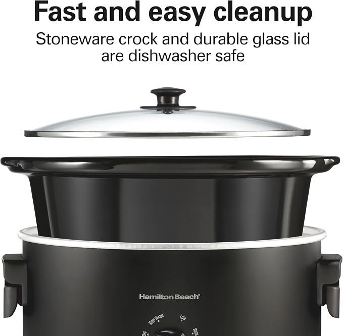 Hamilton Beach 6 Quart Slow Cooker with Space-Saving Folding Handles, 3 Heat Settings, Dishwasher Safe Stoneware Crock and Glass Lid, Black (33664)