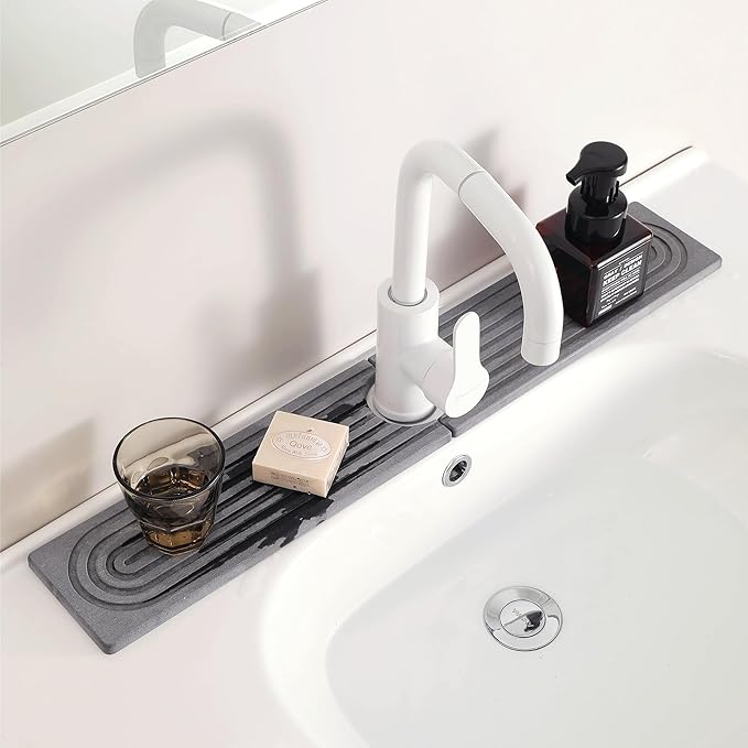 Diatomite Sink Splash Guard – Super Absorbent Kitchen & Bath Mat, Quick-Dry Non-Slip Drying Tray, Fits Most Faucets, Pet Bowl Mat, Vase Holder (Premium Gray, 23.6'' x 4'')