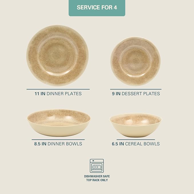 Gibson Home Casper Court 16-Piece Melamine Dinnerware Set – Beige Reactive Glaze Look Plates and Bowls, Service for 4 – Top Rack Dishwasher Safe Everyday Dining Set