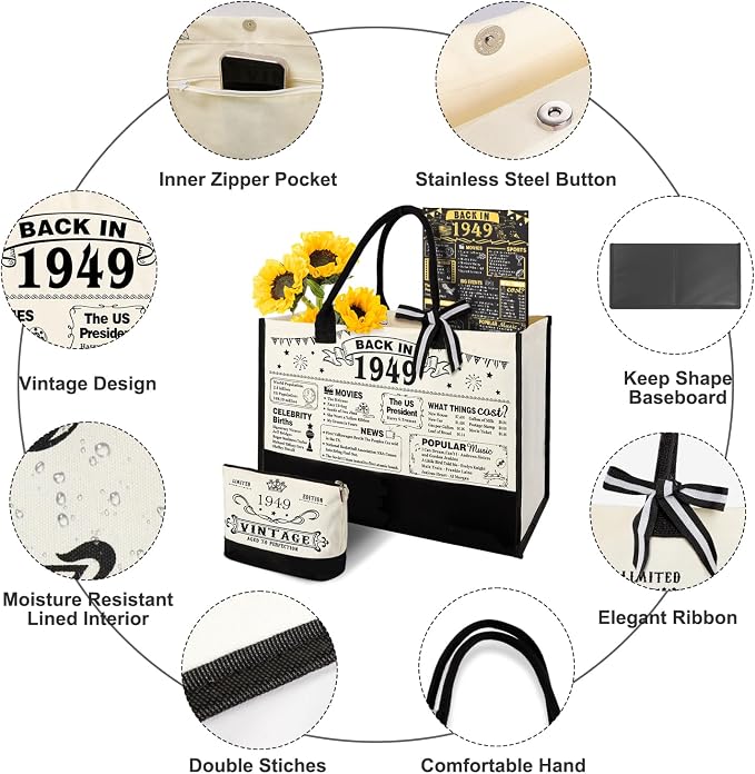 YeohJoy 77th Birthday Gifts for Women Canvas Tote Bag Travel Gear, Unique 77 Years Old Birthday Gifts for Mom Aunt Friends Wife Sister Her, Vintage 1949 Handbag & Cosmetic Bag & Back in 1949 Poster