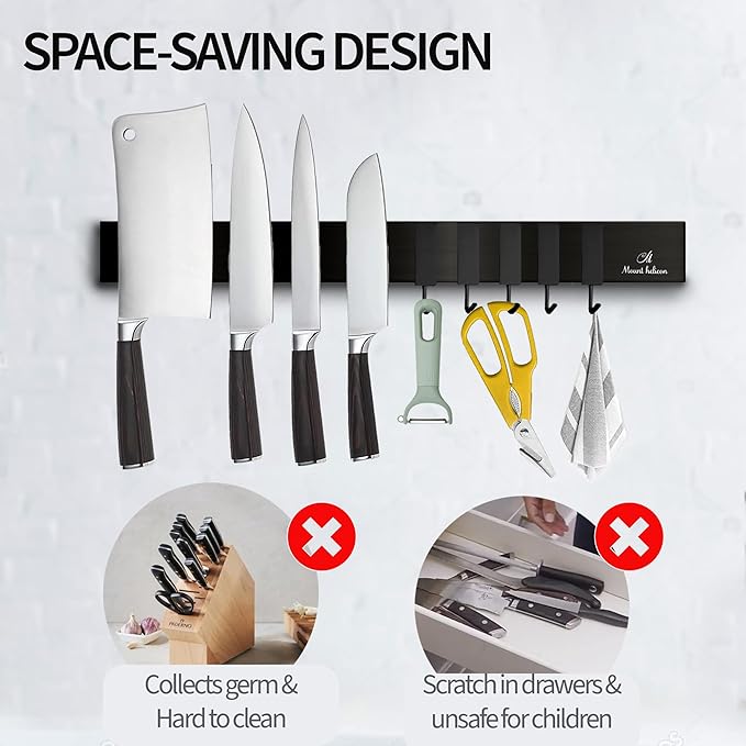 16 Inch Heavy Duty Kitchen Knife Magnetic Strip with Additional 5 Hooks-Multipurpose Stainless Steel Magnetic Tools, Knife Holder-Strong Magnetic Knife Holders for Wall No Drill required (Black)