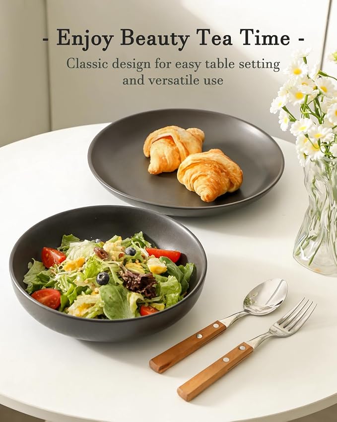 Plates and Bowls Sets, 12-Pieces Stoneware Dinnerware Set Ceramic, Matte Black Dishes Set for 4, Scratch Resistant, Microwave and Dishwasher Safe Tableware, Porcelain