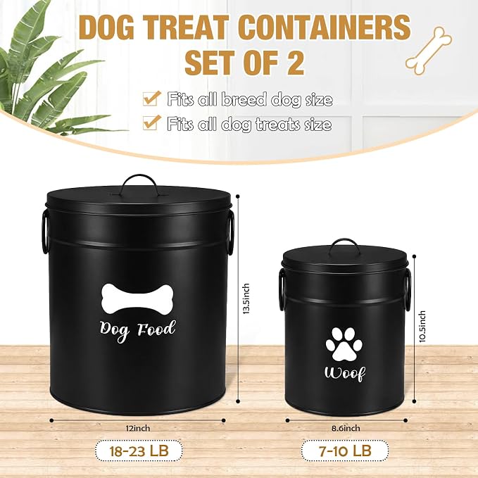 DoubleFill Extra Large 23+10 lb Metal Dog Food Storage Containers Set of 2 Black Airtight Dog Treat Snack Jars with Lids and Spoon Farm House Style Big Pet Cookie Jar for Kitchen Counter Gift