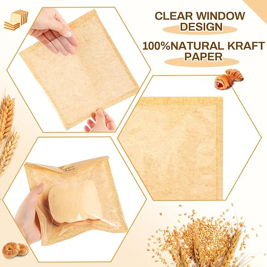 Outus 50 Pcs Cookie Packaging Bags with Seal, 7.1 x 7.5 Inch Bakery Pastry Bags with Window, Heat Sealable Grease Resistant Paper to Go Bake Sleeves for Gift Giving Donut Bread Sandwich (Brown)