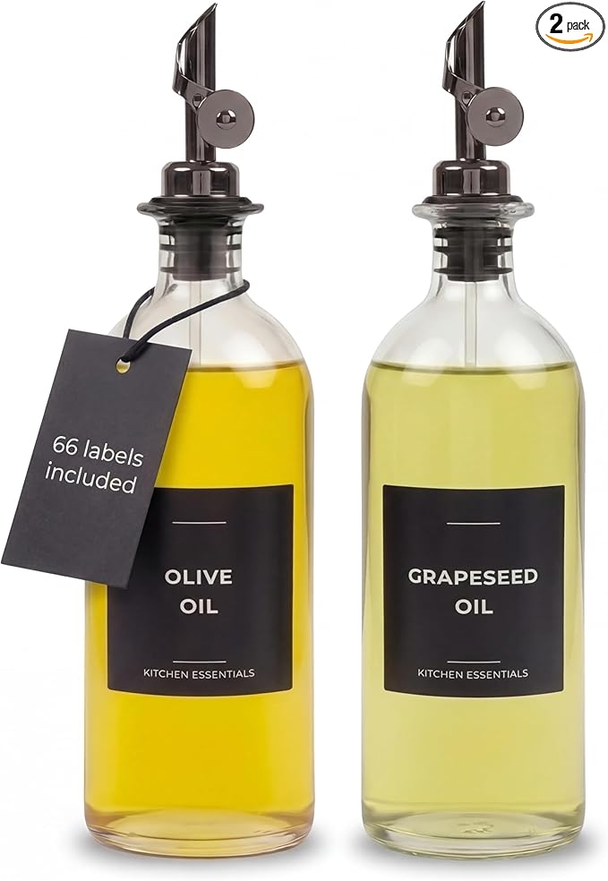 Spaceneat Oil Dispenser for Kitchen - Glass Olive Oil Bottle Set of 2 (16.9oz) with Black Weighted Self-Closing Pourer - Cooking Oil Dispenser with 66 Labels, Aligner & Funnel